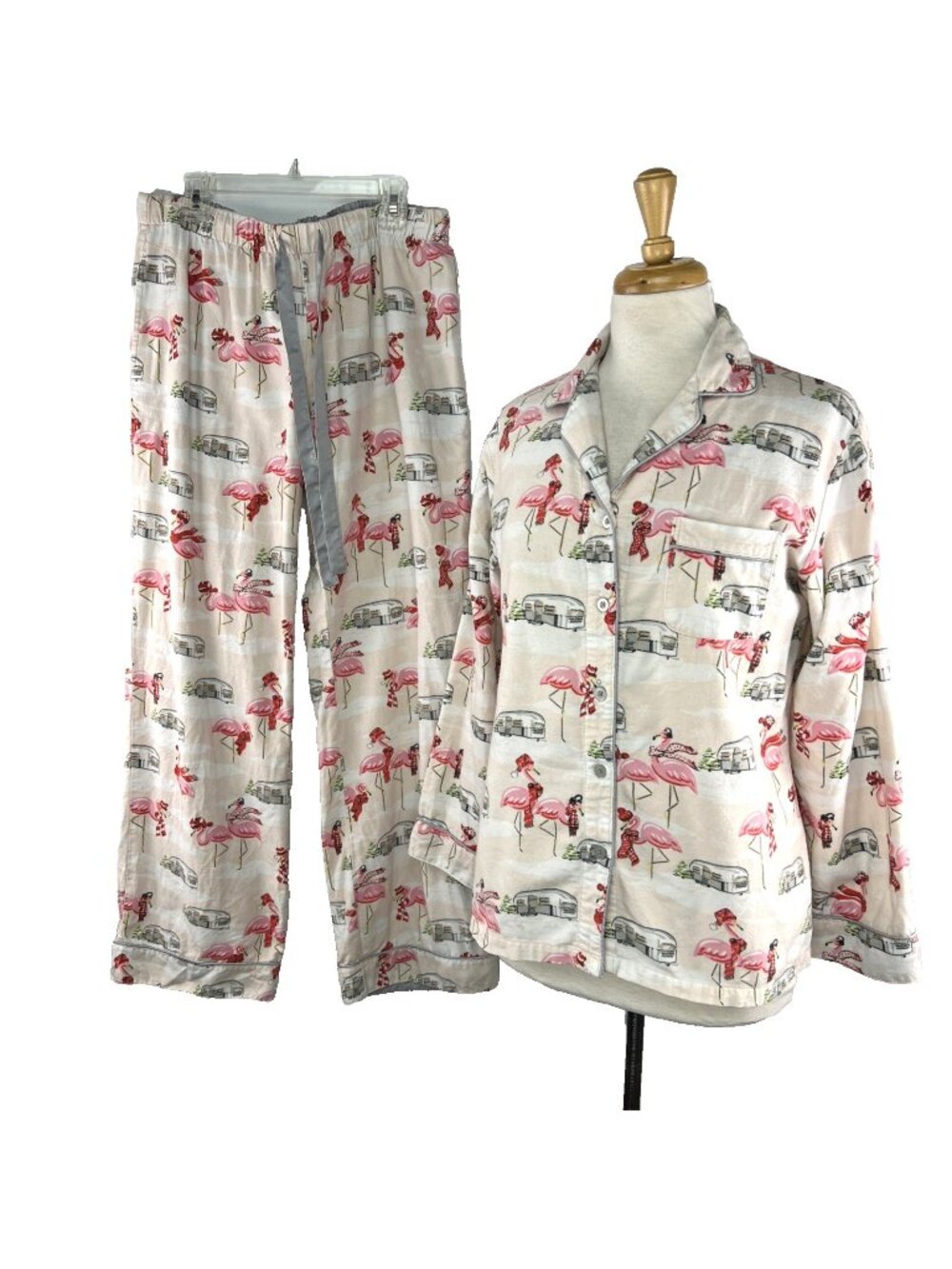 Nick and Nora Sz Small Pajama Set Womens Pink Drawstring Pockets Camper Flamingo